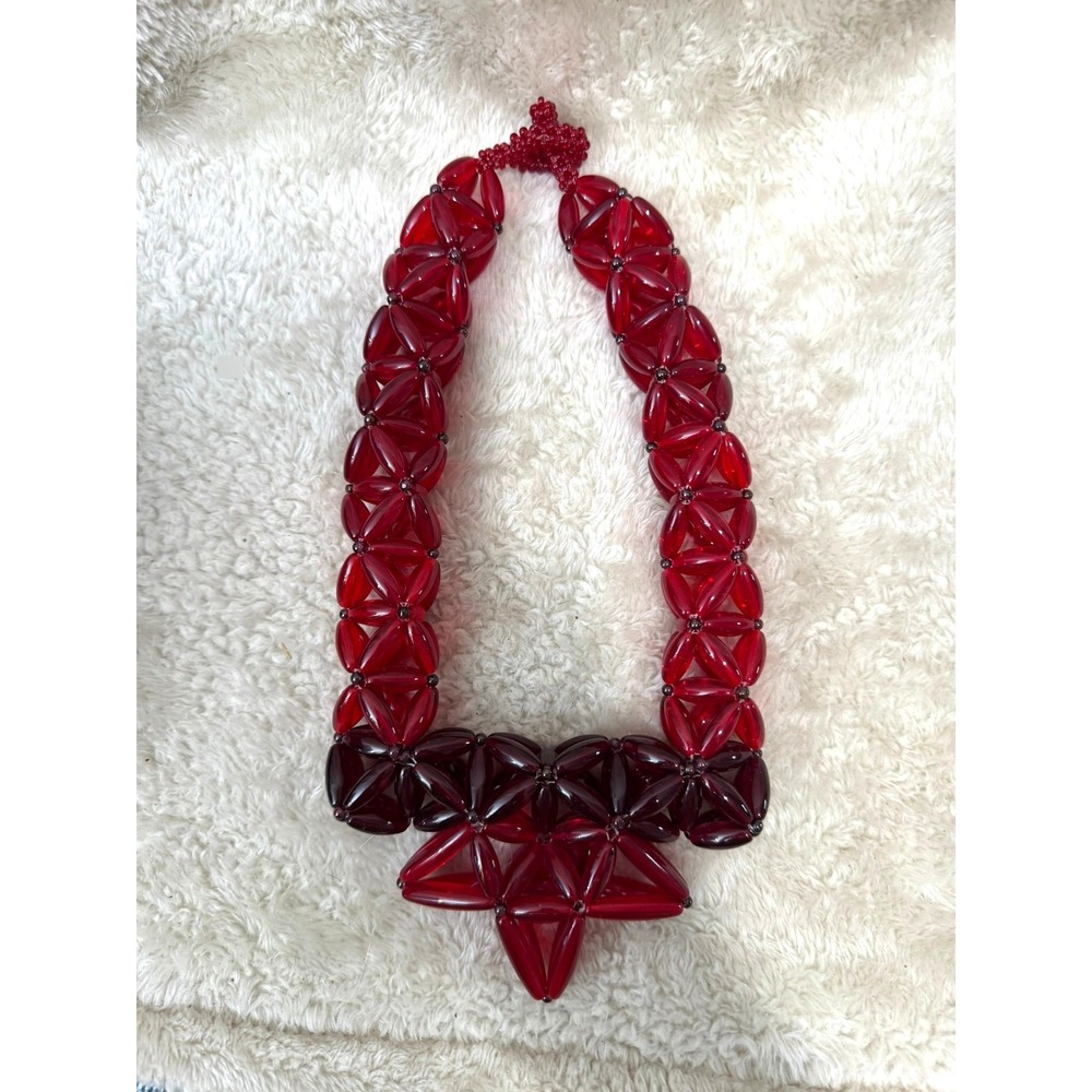 Vintage Red Floral Beaded Statement Bib Necklace Handmade Molded Plastic/Resin